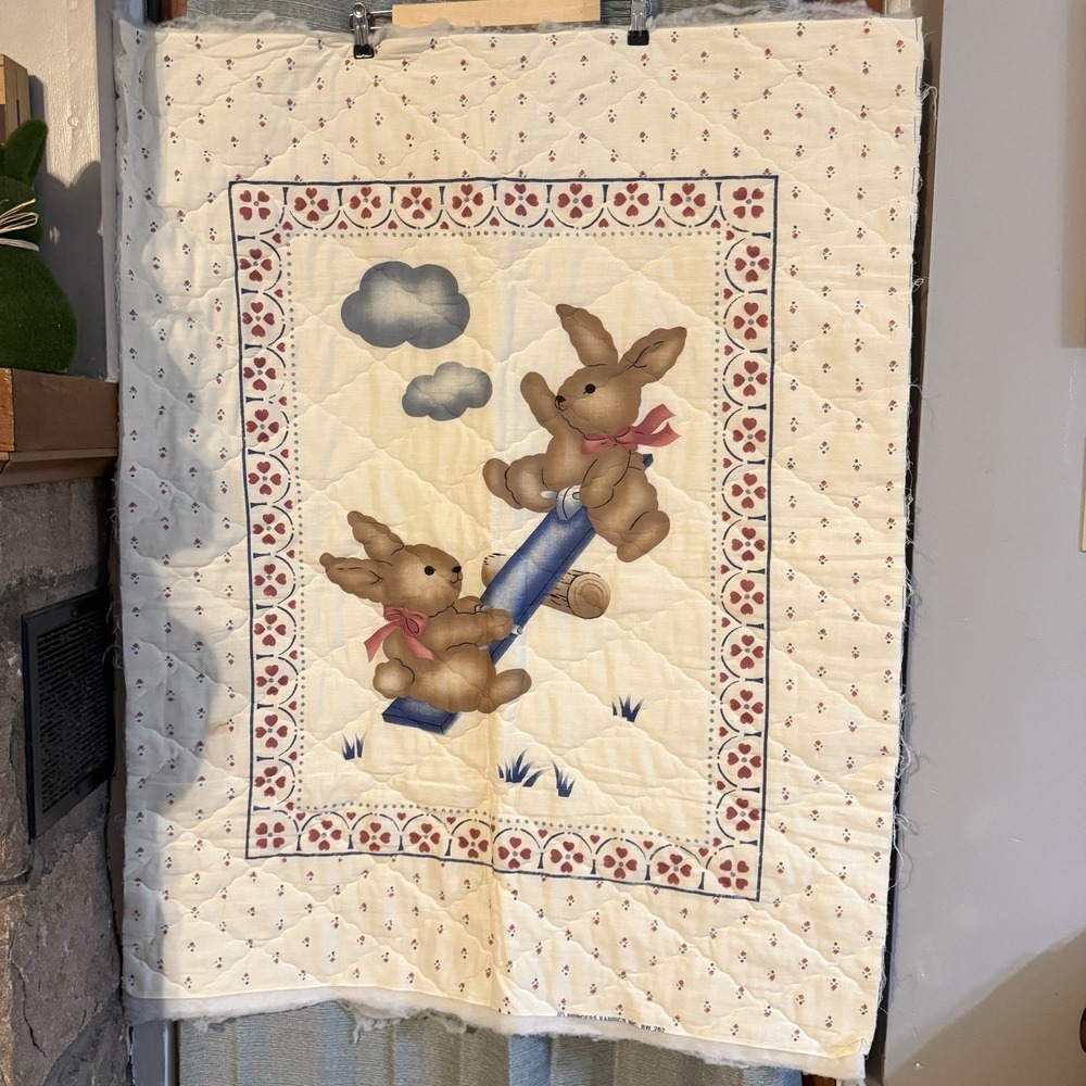 VTG '80's Countrycore Tetter Totter Bunnies Unfinished Crib Quilt Panel Princess